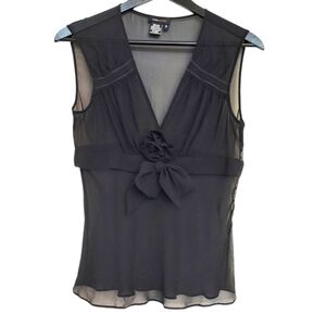 ⏳Sz M silk BCBGmaxazria sheer rosette vneck black top 90s